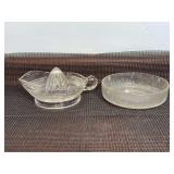 Vintage Pressed Glass Citrus Juicer with Handle and Spout, Vintage Indiana Glass Salad Bowl in the “Crystal Ice” or “Tree Bark” Pattern