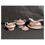 Vintage John Maddock & Sons Royal Vitreous China “Bombay” Pattern: Gravy Boat, Creamer, Sugar Bowl and an extra lid