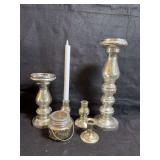 Collection of candleholders, including mercury glass pillar  candleholders in two sizes, mercury glass taper candlestick holders, mercury glass jar-style tea light candle holder, and sla silver plated
