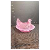 Pink pressed glass Hen on nest dish