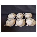 Six Vintage Mid-Century Footed Cream Soup Bowls with Matching Saucers from Paragon China “Jacobean” Registered Pattern with Royal Warrant Stamp on Bottom