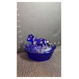 Cobalt blue glass 'cow on nest' covered dish