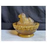 Vintage Amber Imperial Glass Atterbury “Lion on Nest” Covered Dish