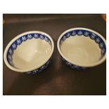 Boleslawiec Polish Pottery bowl, featuring a blue and white snowflake pattern. Handmade in Poland.