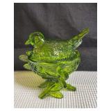 Vintage Westmoreland Green Glass Bird on a Nest Covered Dish