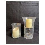 Clear glass hurricane candle holder with battery operated candle, and clear bubble glass hurricane candle holder with battery operated candle and battery operated fairy lights
