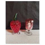 Vintage Red Hobnail Glass Strawberry, and Vintage Mary Gregory Cranberry Glass Goblet