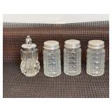 Three Anchor Hocking Waffle Pattern Glass Salt and Pepper Shakers (3”) and One Indiana Glass Diamond Point Cut Glass Salt Shaker (4”)
