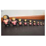 10 Piece Nesting Doll Set - Black with Pink Flowers - Made in Russia
