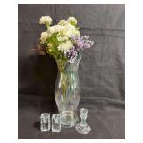 Colonial Williamsburg style clear glass hurricane candle globe (includes artificial flowers it currently contains), two square clear glass taper candle holders, and one clear glass candlestick holder
