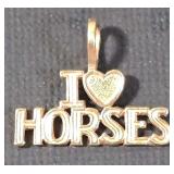14k Gold 'I Heart Horses' Charm Pendant - 0.8 Grams