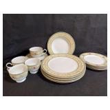 Mikasa Fine China “Castle Berry” Pattern: four 10.5” plates, four 8” plates, one soup bowl, and four cups with matching saucers