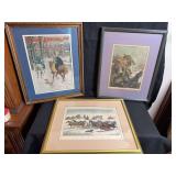Three Framed Prints: Pears’ Annual 1918 Christmas Guests, A Christmas Journey As We Used To Do It, and Currier & Ives’ Trotting Cracks On the Snow