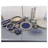 Assortment of Hand Made Polish Dishes in the “Lattice Peacock, Daisy Dots, Blackberry Delight, Peacock Eyes, Stars, and Floral” Patterns (13 pcs)