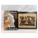 Hand painted picture on papyrus depicting King Tutankhamun  and Queen Ankhesenamun, and a vintage print of a 1976 exhibit about Queen Nefertiti and Pharaoh Akhenaten at the Egyptian Museum in Berlin