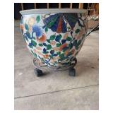 Large Porcelain Asian Pot with Cast Iron Planter Holder