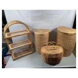 Lot of Large baskets and Rattan Book Shelf