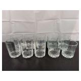 Set of six vintage lead crystal whiskey tumblers, and set of four glasses that appear to be Luminarc Flamenco 'On The Rocks' blown crystal glasses