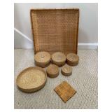 Lot of Wicker Nesting Baskets, Wicker Trays and Trivet