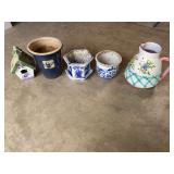 Porcelain Pitcher, Planters, and Mosaic Bird House