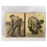 Two Van Gogh Prints on wood, “Digger in a Potato Field: February” and “Peasant Woman Gleaning”