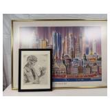 Framed print of Frankfurt, Germany, and a framed 1951 etching titled 'Die ersten Schneeglöckchen' (The First Snowdrop) by German artist Paul Geissler