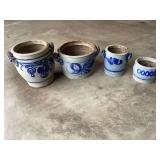 Set of Salt Glazed Stoneware Cobalt Blue Crock Pot Planters