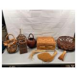 Lot of Wicker Baskets and Wisk Brooms
