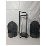 Cross Bar Steel Glass Outdoor Lantern and Set of Black Metal Laterns