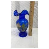 8 1/2" Fenton Hand Painted & Signed Cobalt Vase