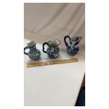 3 Blue & White Pitchers or Creamers