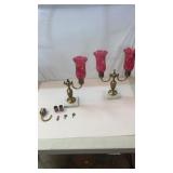 AS IS Brass Marble Cranberry Glass Table  Lamps