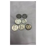 7 Silver Half Dollar Coins Dated 1957 & 1958