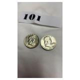 Pair of 1958 Silver Half Dollar 50 Cent Coins