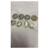 8 Silver 1964 Quarter 50 Cent Coins