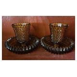 Indiana Glass Diamond Point amber candle holders