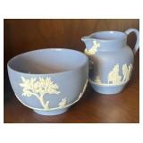Wedgwood Blue Jasperware sugar bowl & creamer