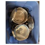 Bin of Assorted Stainless Steel Pots / Kitchenware