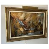 Vintage MCM Winter Village Street Scene Oil