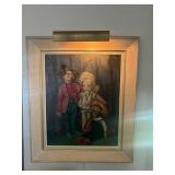 Vintage MCM Sad Clown & Dolls Oil Painting & Light