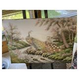 Vintage Hand Embroidered Silk Peacock Picture Art