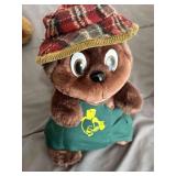Vintage Plush Beaver in Overalls and Plaid Hat