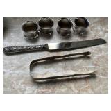 Vintage Suger Tongs, Napking Rings & Serving Knife
