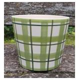 Pot with green and white plaid design