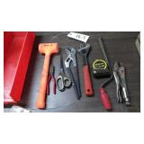 Asst tools, channel locks, mallet, tape measure,