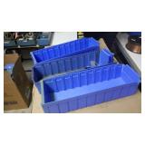 5 blue storage bins w/some dividers