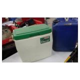 Blue jug & small Coleman cooler