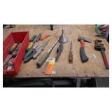 Utility knives, hatchet, pipe wrench