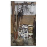 Shovels, pitch forks, propane tank and contents