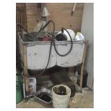 Dual wash tub on stand with contents